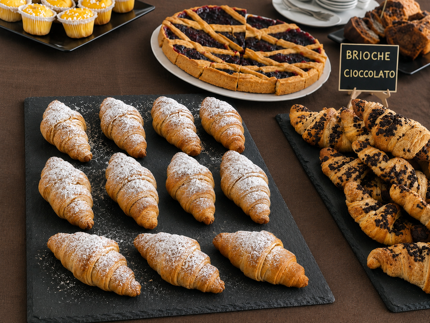 Colazione a buffet dell'Hotel Columbia — cornetti fragranti, torte fatte in casa, frutta fresca e caffè caldo