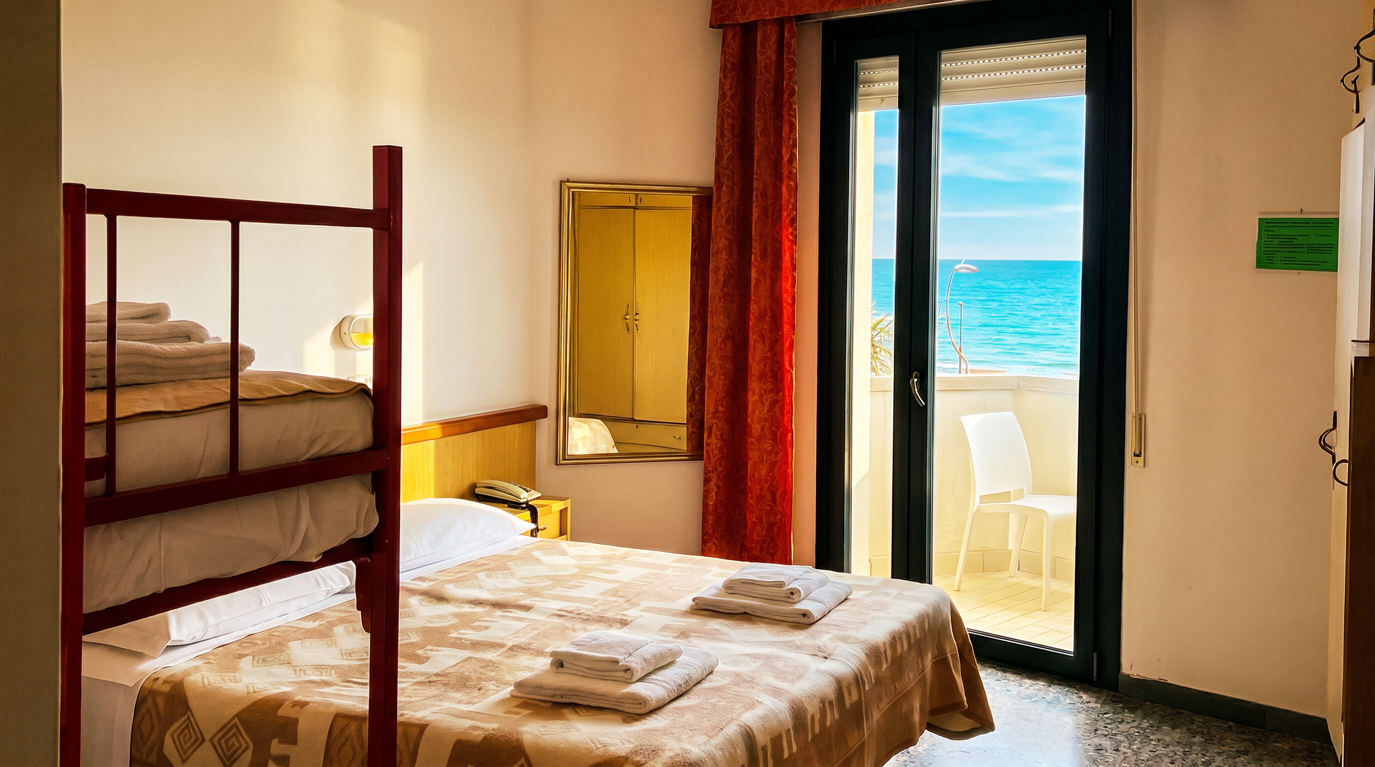 Camera quadrupla dell'Hotel Columbia — letto matrimoniale e castello a due piazze, balcone affacciato sul mare di Rimini