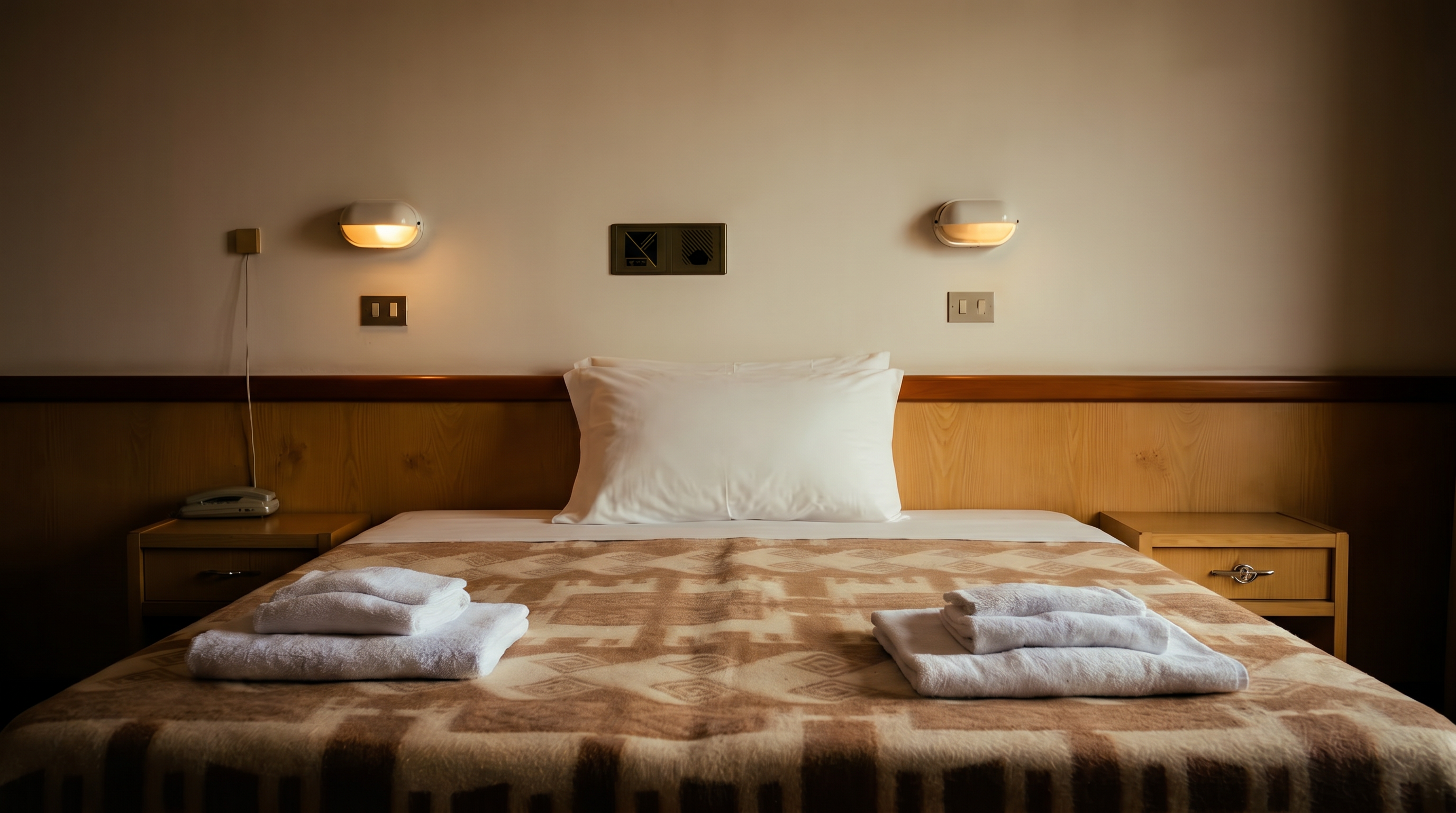 Camera singola dell'Hotel Columbia — letto con copriletto in lana, comodini in legno e applique a parete, atmosfera calda e raccolta