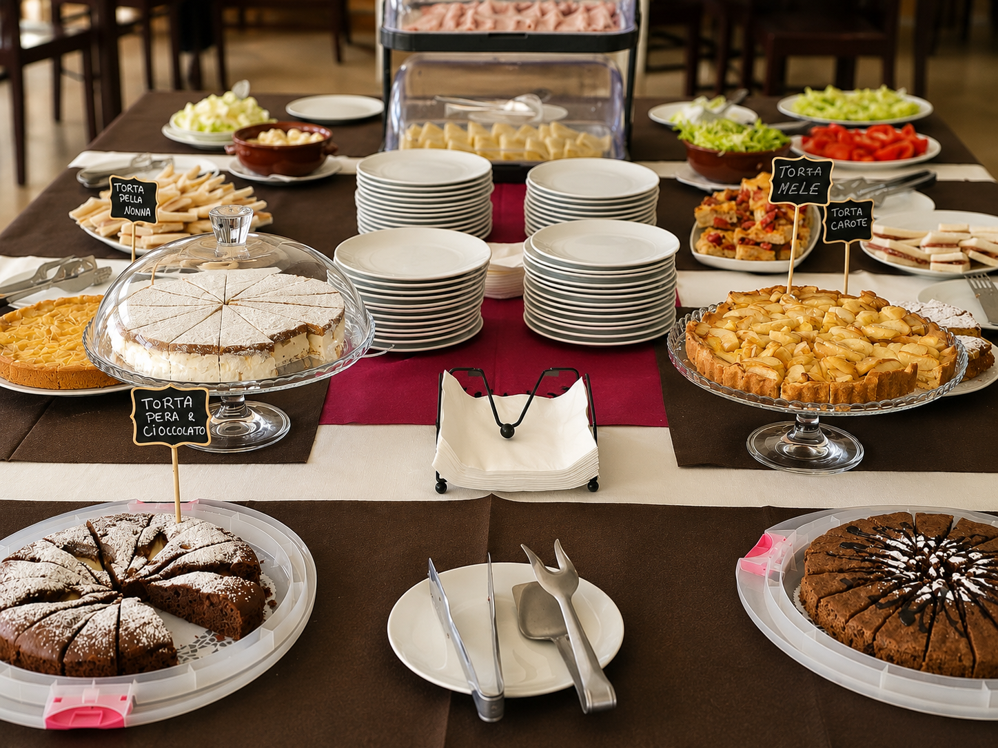 Tavolo del buffet della colazione all'Hotel Columbia con torte fatte in casa, salumi, frutta e dolci
