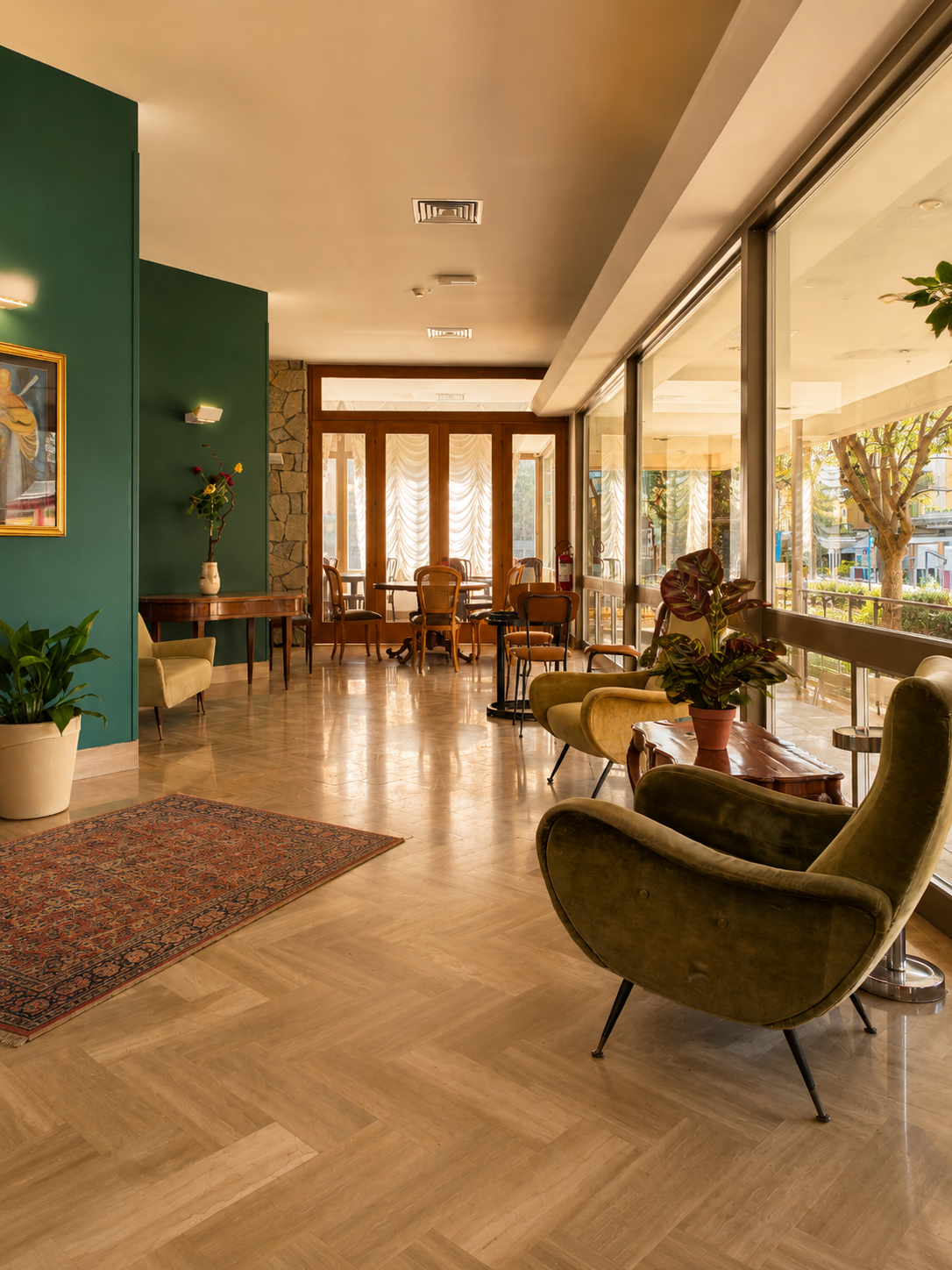 La hall dell'Hotel Columbia con poltrone vintage, parquet a spina di pesce e ampie vetrate